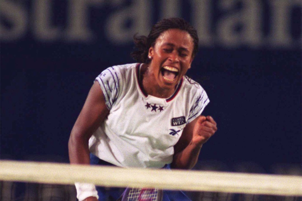 Chanda Rubin celebrates her win over Arantxa Sanchez-Vicario in the Australian Open 1996 quarterfinals