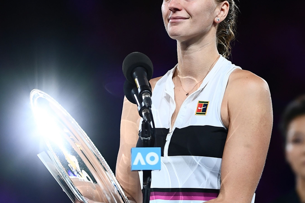 Petra Kvitova holds the trophy after finishing runner-up at Australian Open 2019. 
